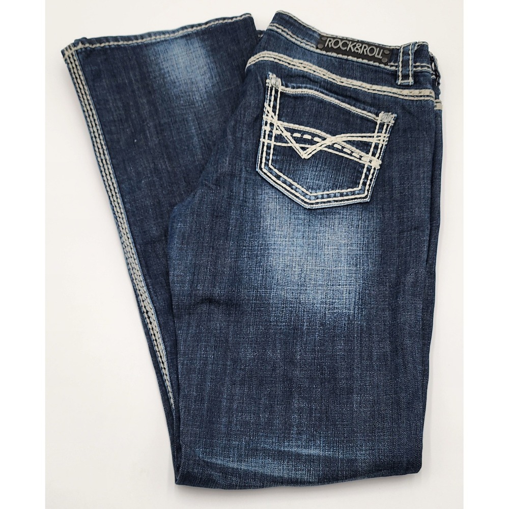 Designer Womens Rock and Roll Cowgirl Jeans 31 Dark Wash Bootcut Thick Stitch